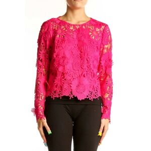 Milly Hot Pink Floral Lace Long Sleeve Crop Top Blouse